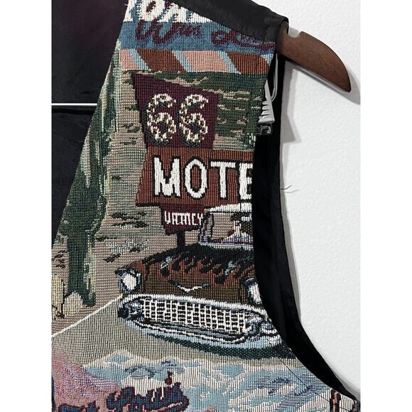 VTG 90s Tapestry Vest Unisex Large Route 66 Hot Rods Hollywood Travel USA - Picture 7 of 14